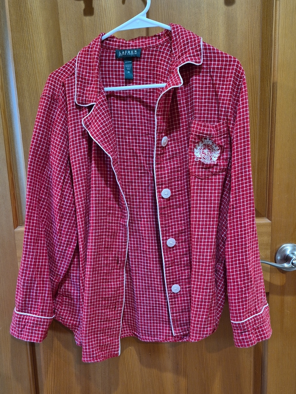 Ralph Lauren Red Windowpane Button-Up Pajama Shirt with White Trim